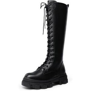 ⚡Women Black/Pu Polyurethane Combat Chunky Knee High Platform Lace Up Boots